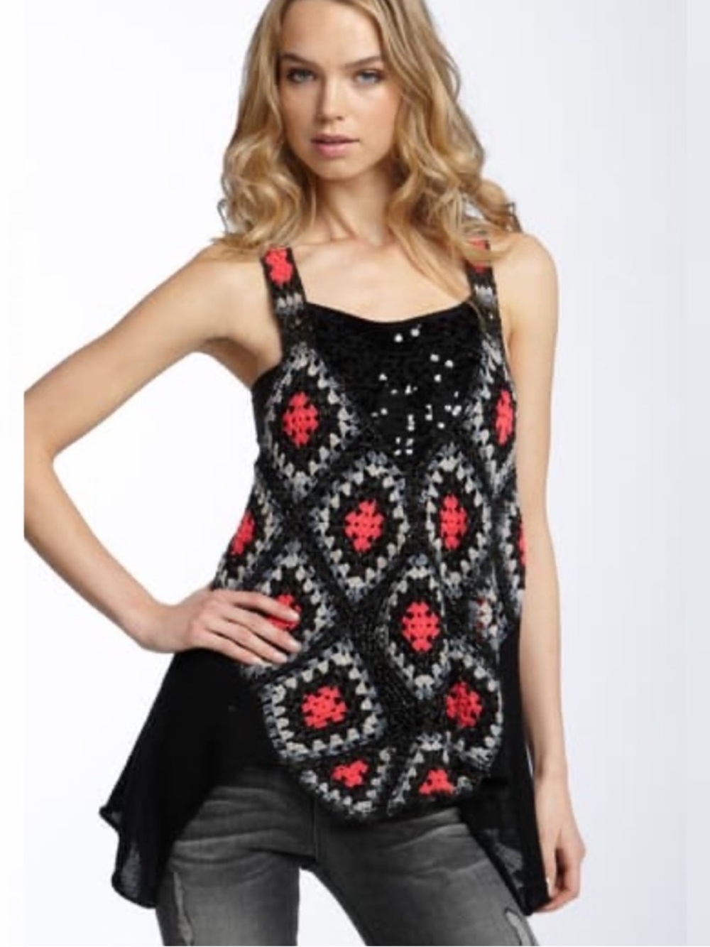 FREE PEOPLE Black Crochet Tank with Coral Accents M